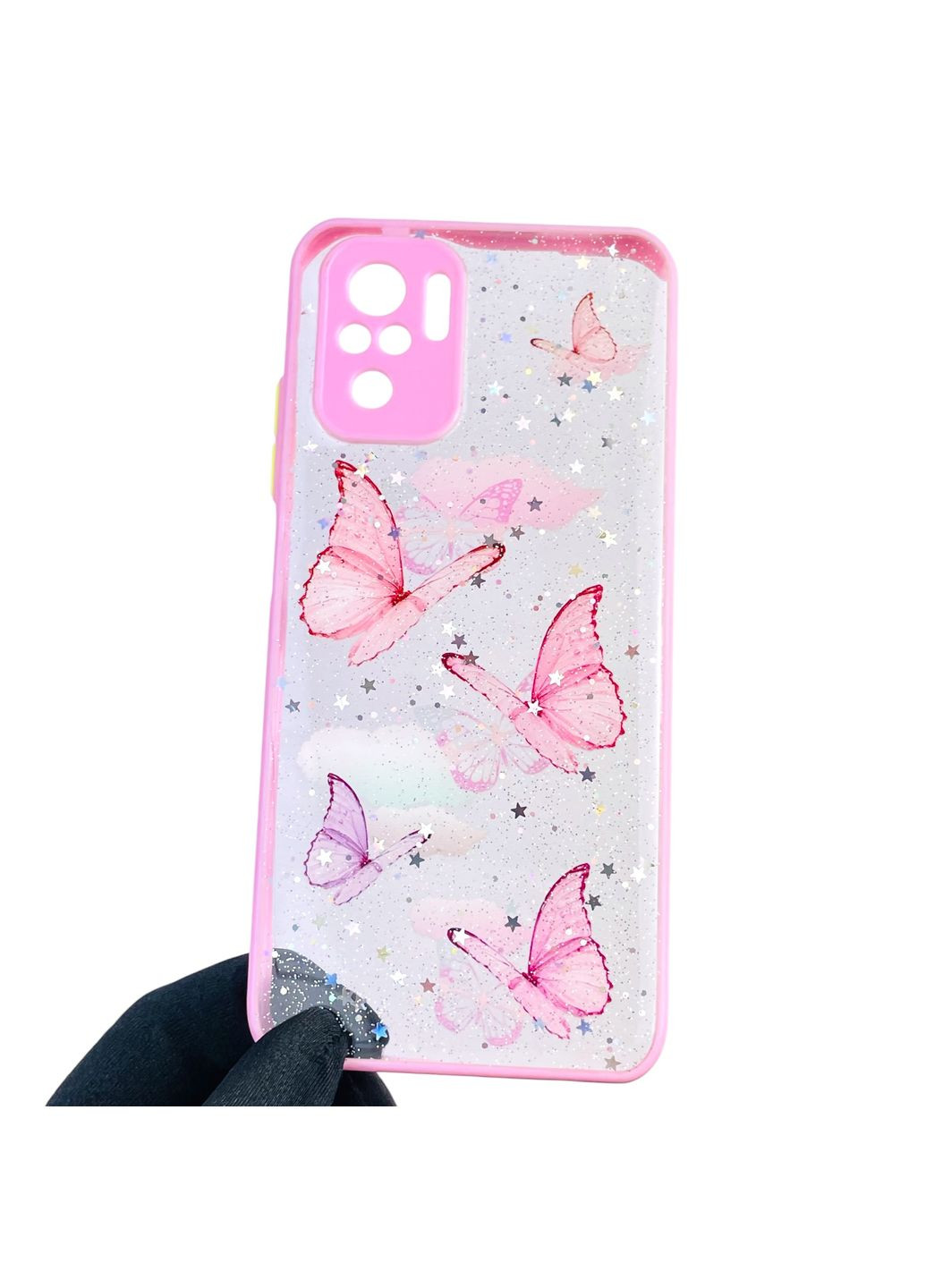 Чохол для POCO M5s з блискітками з метеликами на сяомі поко м5с рожевий Xiaomi (366387861)
