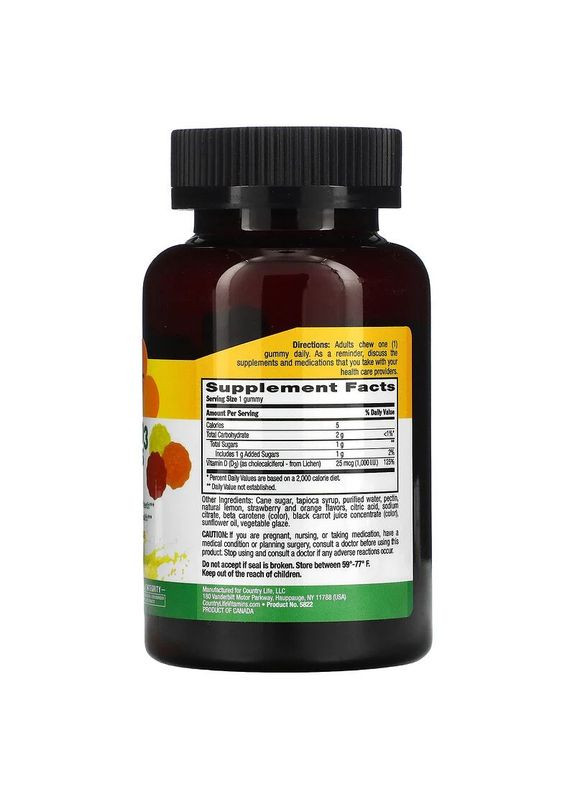 Витамины и минералы Vitamin D3 1000 IU, 60 желеек Country Life (322208504)