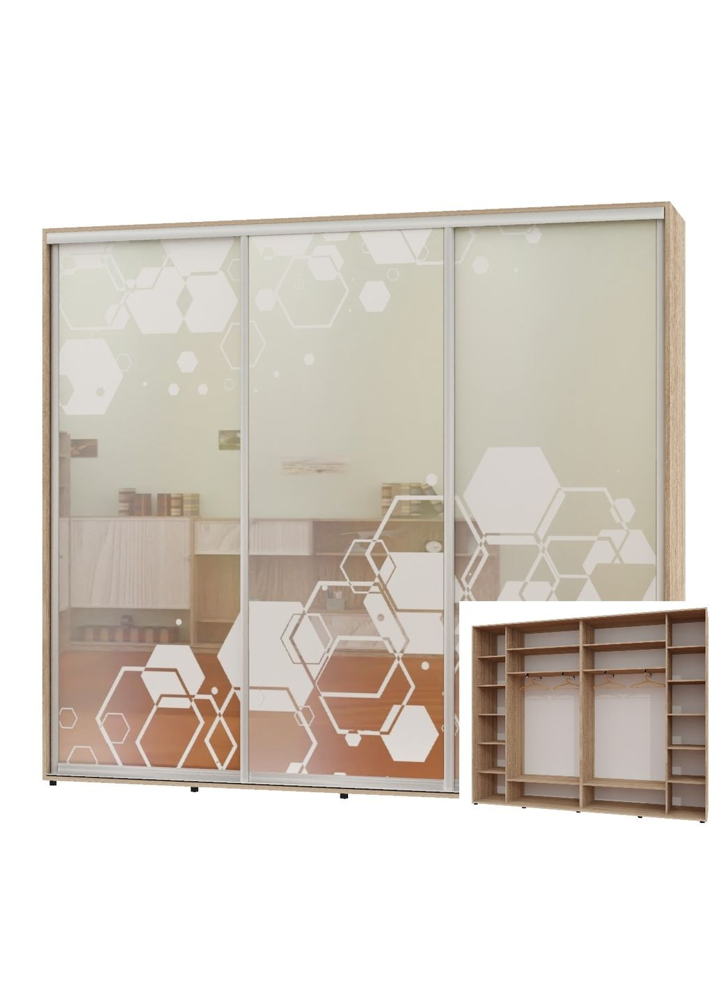 Шкаф-купе трехдверный 300*45*250 Дуб Сонома Зеркало с пескоструйным рисунком Люкс-149 Алекса (360468882)