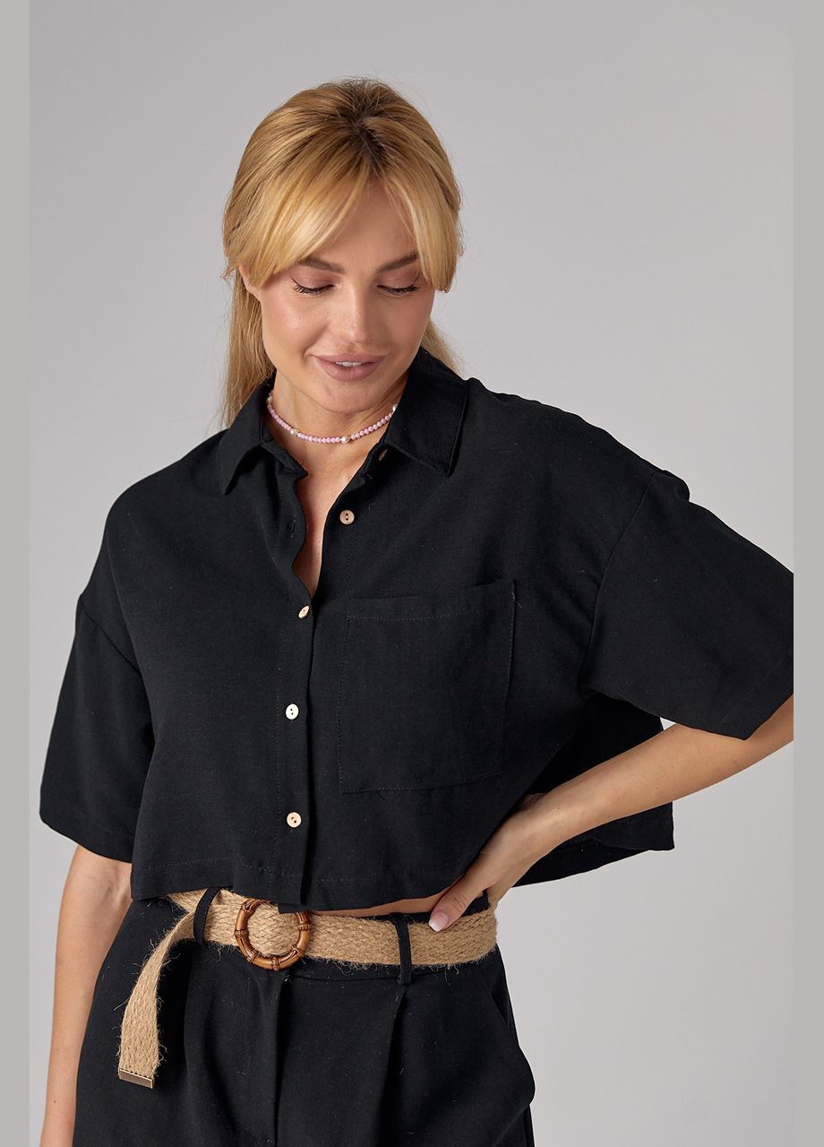 Жіноча льняна сорочка укорочена - чорний Lurex (296470825)
