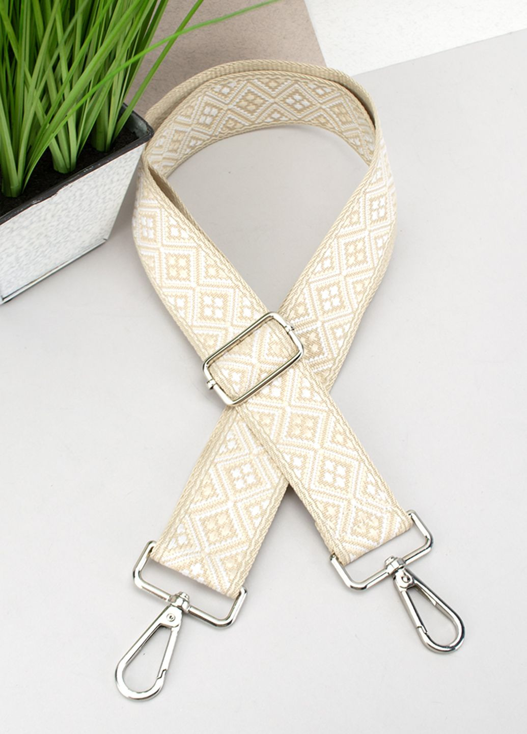 Текстильний ремінь для сумки 38 мм 9981 silver бежевий зі срібною фурнітурою HandyCover (297486701)