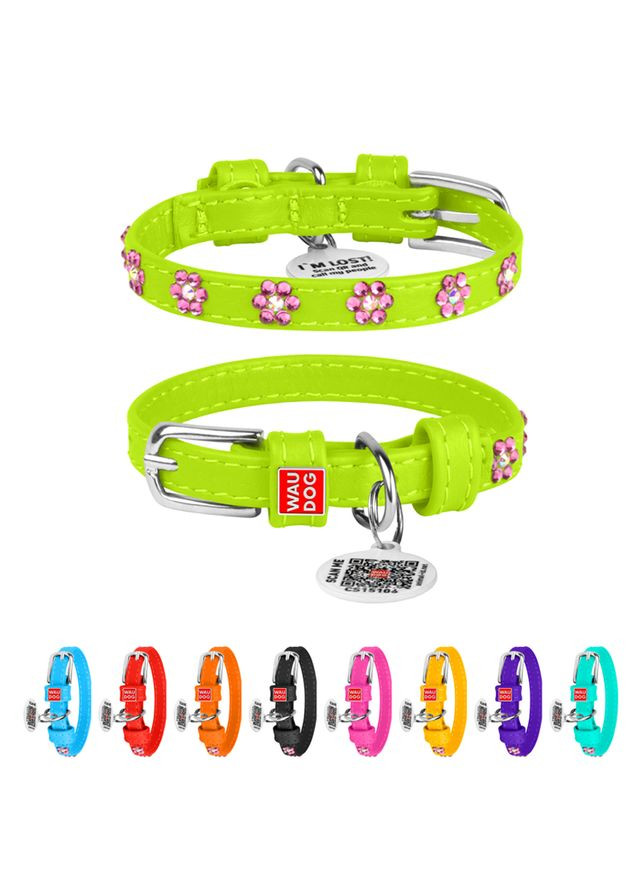 Нашийник для собак шкіряний Glamour з QR паспортом, з клейовими стразами "Квіти", Ш 9 мм, Дов 19-25 см салатовий WAUDOG (322002032)