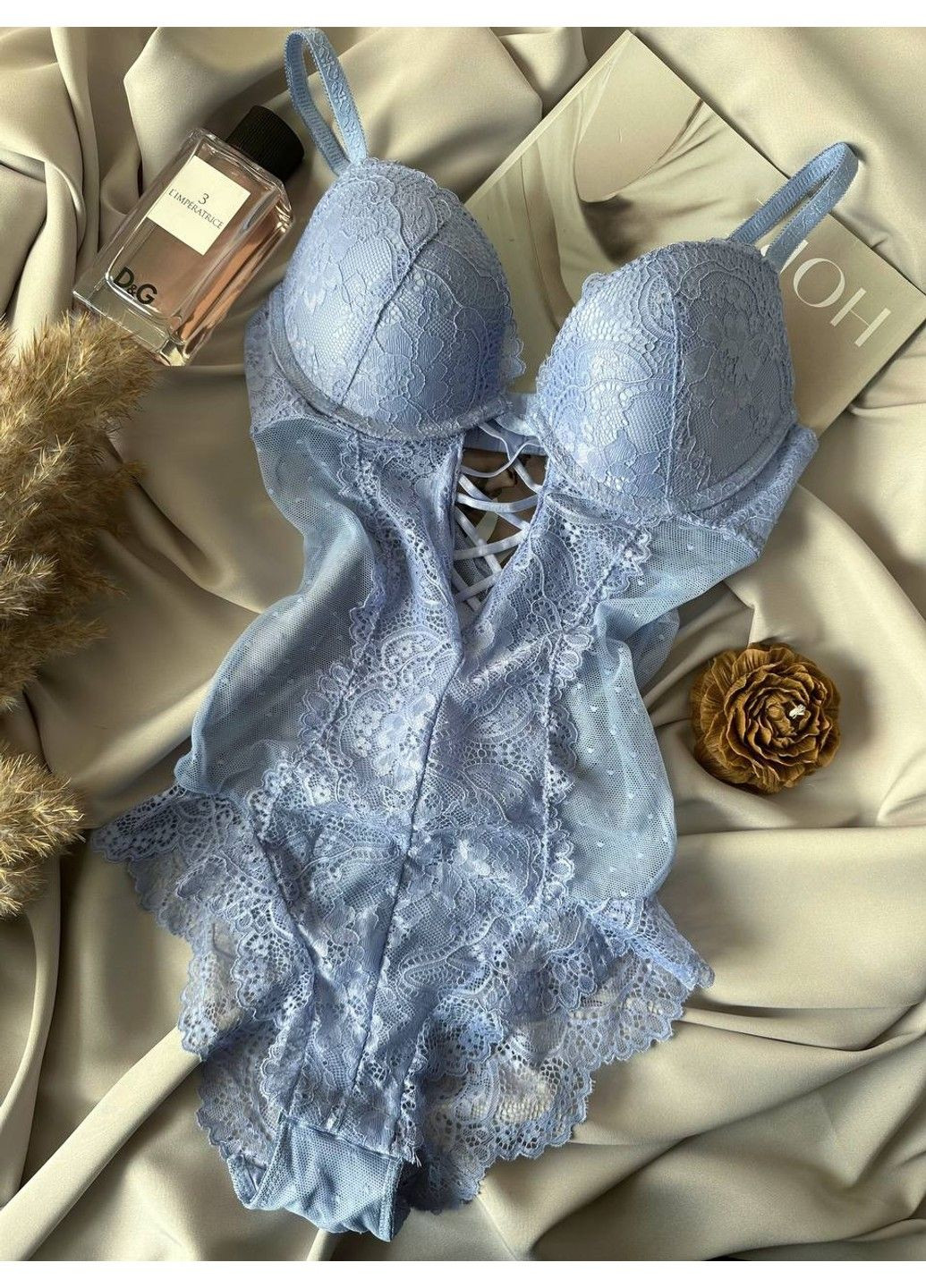 Блакитна жіноча нижня білизна мереживне боді Velencosa (303422211)