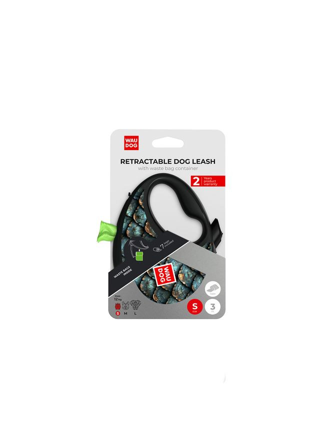 Поводок-рулетка для собак R-leash с контейнером для пакетов, рисунок "Чешуя", светоотражающая лента, S, до 12кг, 3м WAUDOG (361259521)