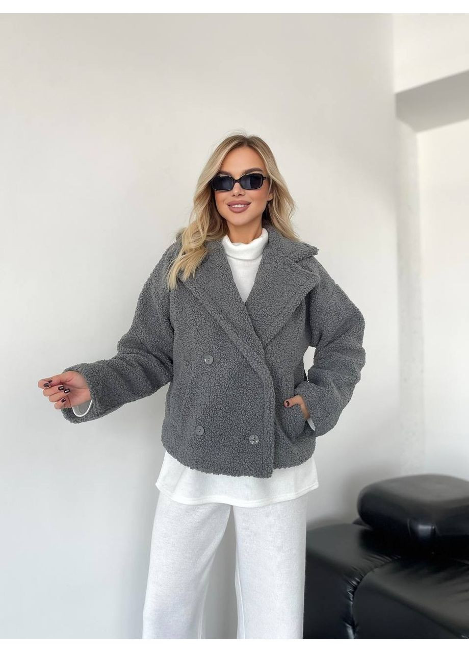 Сіра зимня жіноча коротка шуба-куртка з букле Fashion