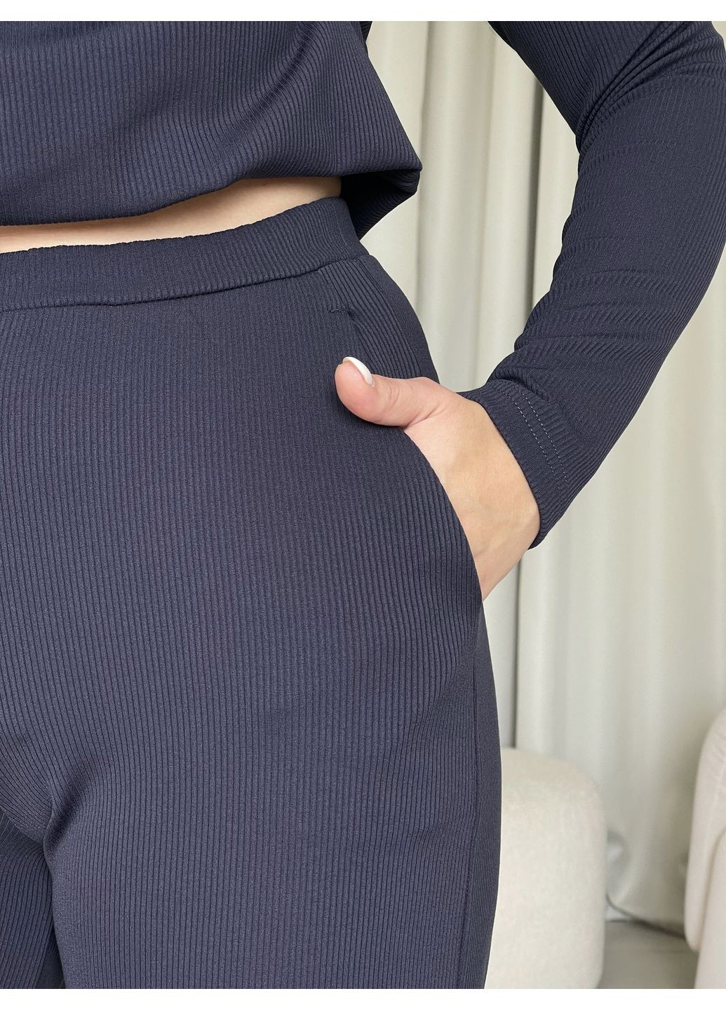 Жіночий костюм у рубчик з широкими штанами на флісі (кофта, штани) сірий S-M No Brand 100001143 (365285177)