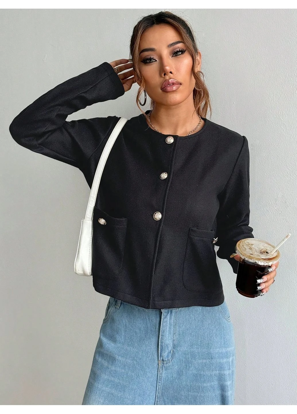 Черный женский жакет SHEIN однотонный - демисезонный