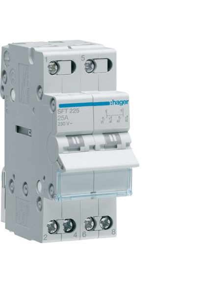 Переключатель ввода резерва I-0-II SFT225 с общим выводом сверху 2 полюса 25А/230В 2м перекидной переключател (3863) Hager (298576058)