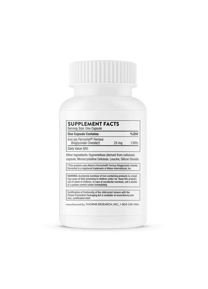Бісгліцинат заліза Iron Bisglycinate 25 мг 60 капсул Thorne Research (362971611)