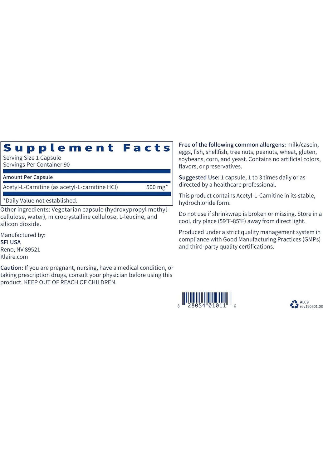Acetyl L-Carnitine / Ацетил L-карнітін 500 мг 90 капсул Klaire Labs (303701180)