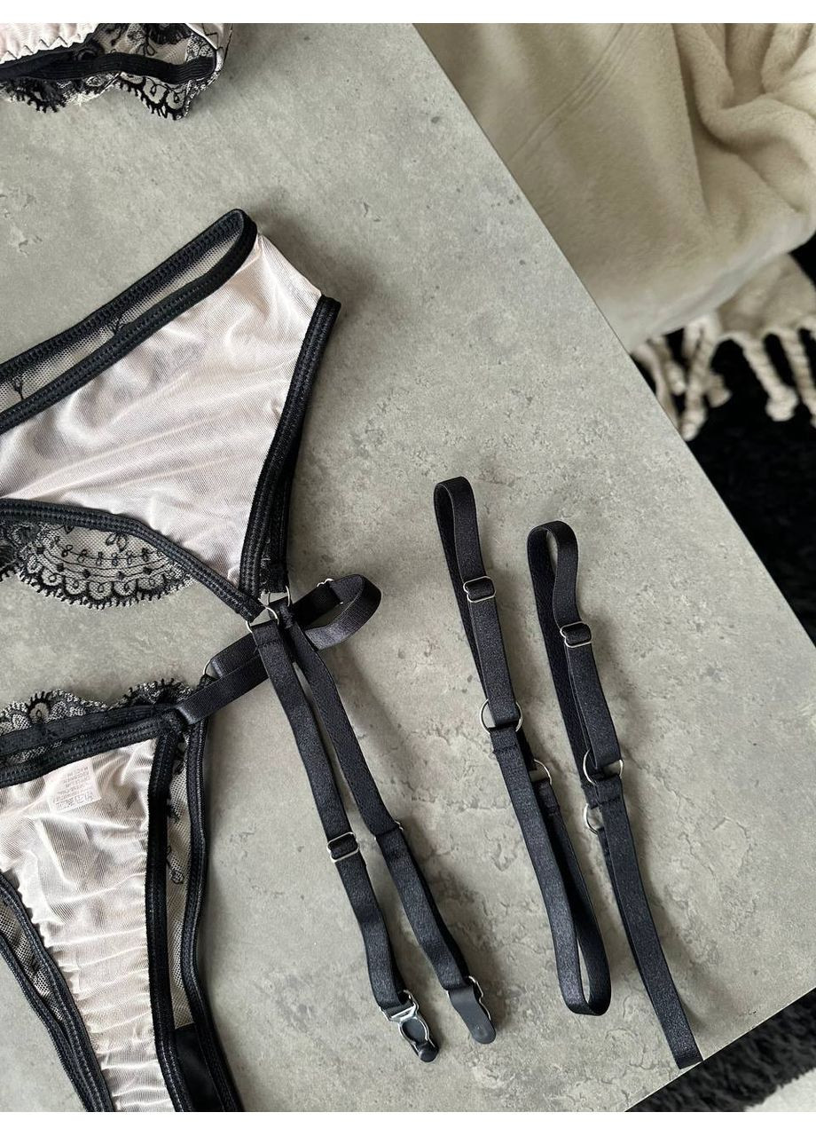 Чёрный балконет комплект женской белья элегантный с вышивкой, черный Vital-Textile с косточками полиэстер, эластан