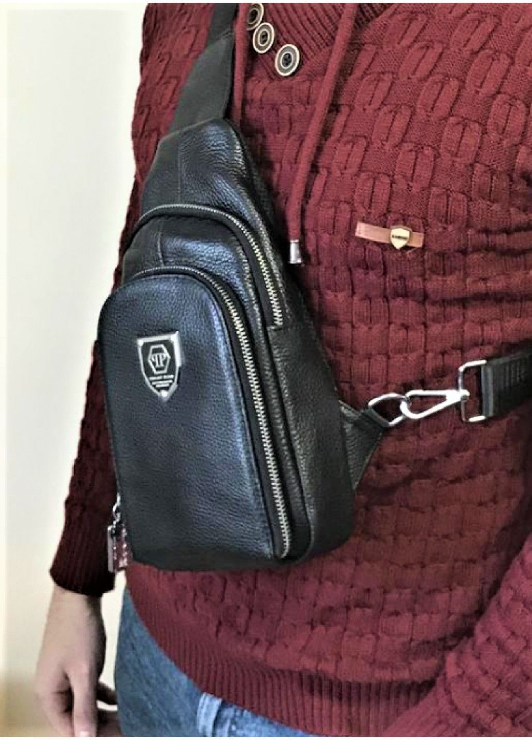 Чоловіча шкіряна сумка-слінг через плече чорна 23051 BR-S (371883062)