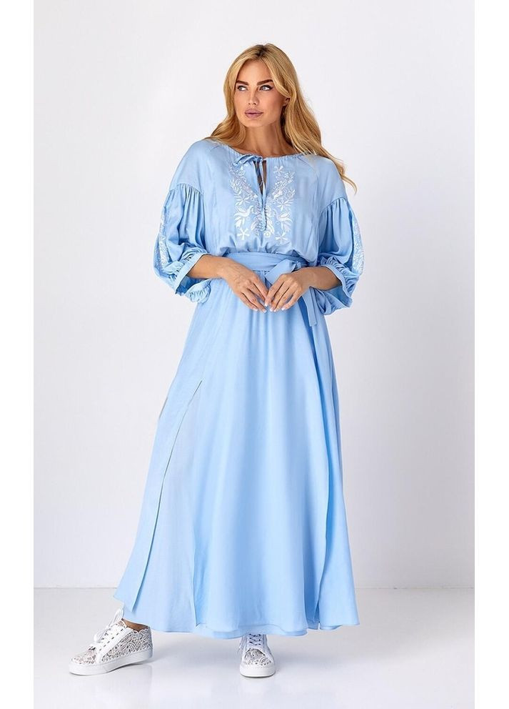 Голубая платье женское с льна с вышивкой и поясом милагрес mksn2360/4 Style Nika (352227367)
