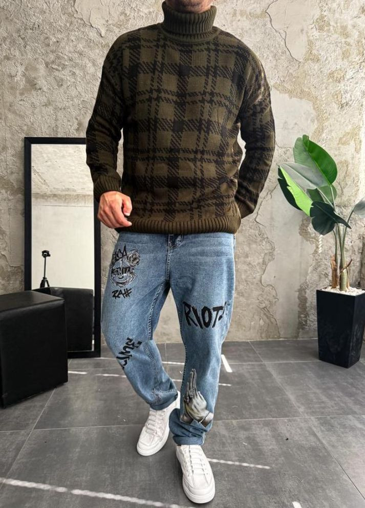 Оливковий (хакі) демісезонний светр чоловічий стильний модний щільний осінь весна No Brand