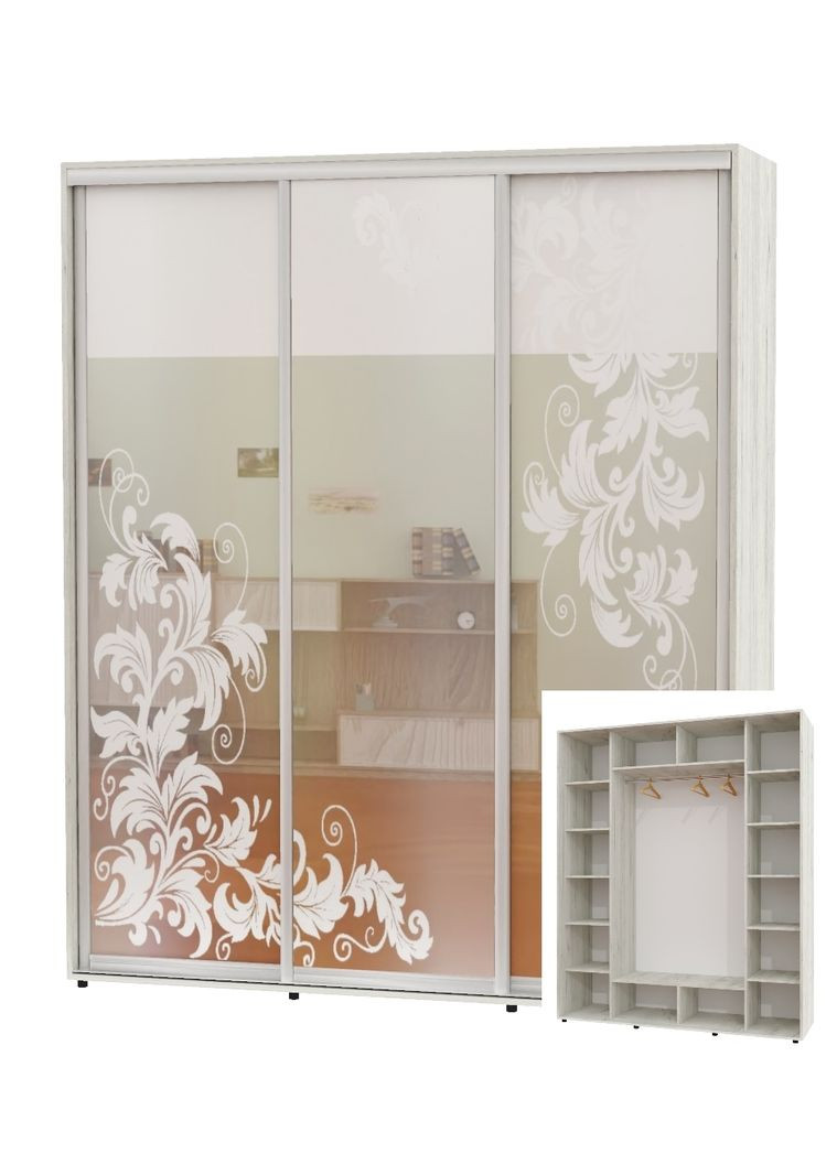 Шафа-купе тридверна 200*60*220 Дуб крафт білий Дзеркало з піскострумним малюнком ШК-05 Алекса (360437120)