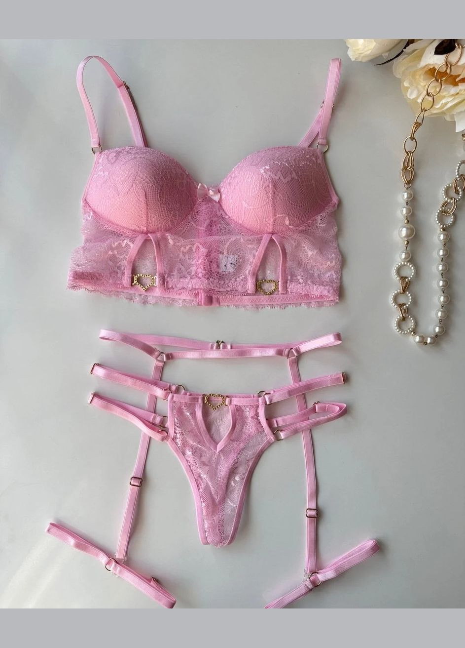 Рожевий демісезонний чорний комплект білизни з металевими сердечками та гартерами FOR DREAMS
