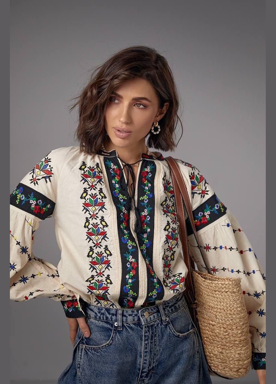 Женская колоритная вышиванка бежевая, хлопковая блузка с вышивкой рукав фонарик S M L(42 44 46) No Brand (290282225)