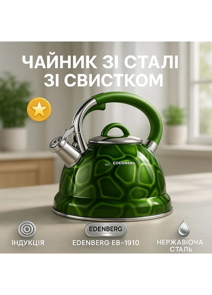 Стильний чайник з нержавіючої сталі зі свистком EB-1910 3л, Чайник з ергономічною ручкою SD-65 Edenberg (381789441)