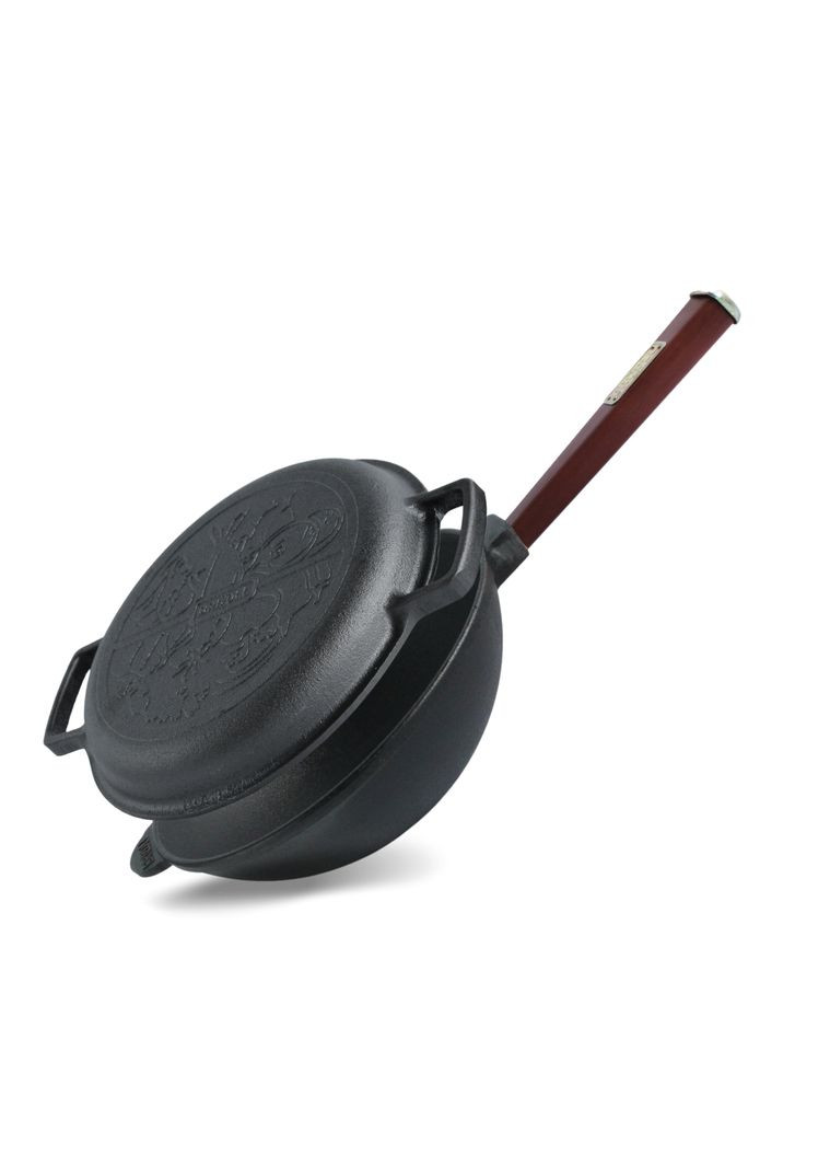 Сковорода чавунна з дерев`яною ручкою Бордо та чавунною кришкою-сковородою WOK 2,2 л Brizoll (322732453)