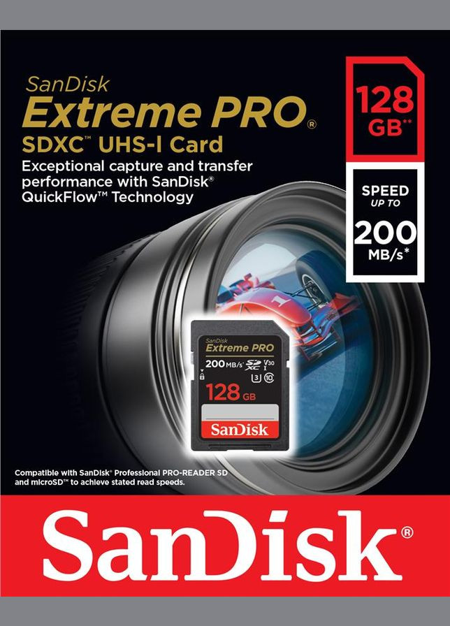 Карта пам'яті SD 128GB C10 UHSI U3 R200/W140MB/s Extreme Pro V30 SanDisk (314980807)