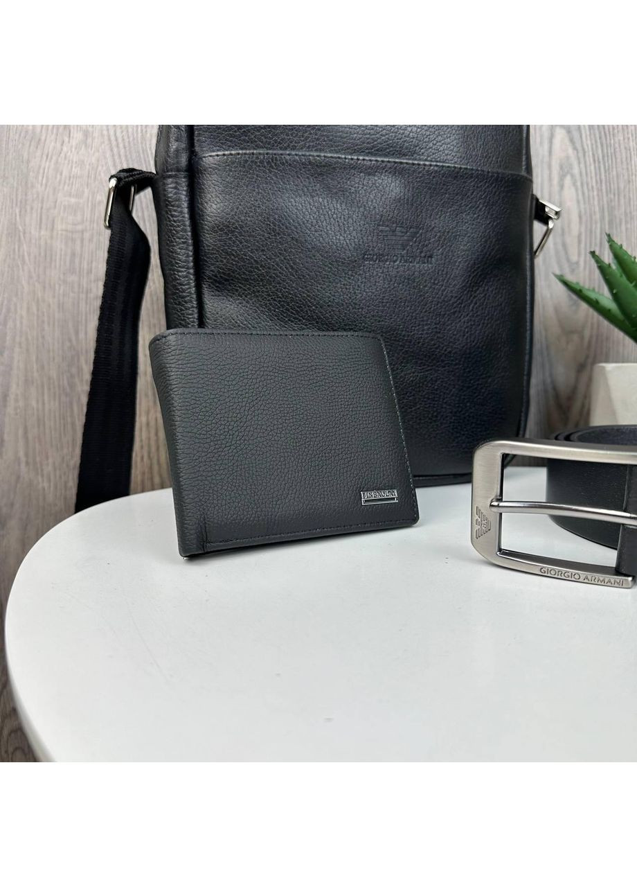 Мужская кожаная сумка планшетка Армани черная с ремнем и кошельком портмоне из натуральной кожи ProDobro (363260106)