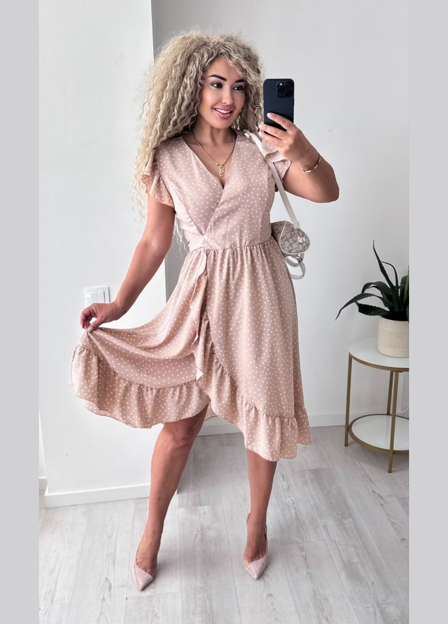 Бежева повсякденний, кежуал сукня жіноча на запах на запах Україна в горошок