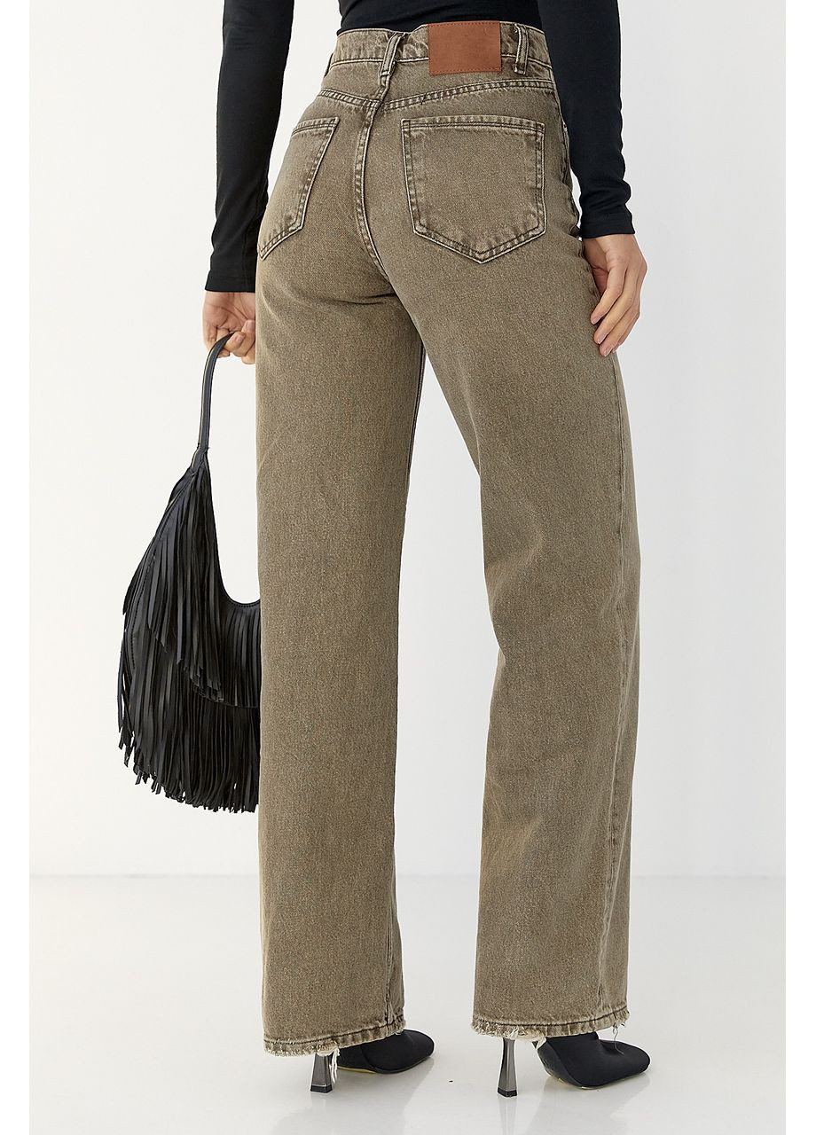 Прямі жіночі джинси з потертостями внизу - колір хакі Lurex - (370602124)