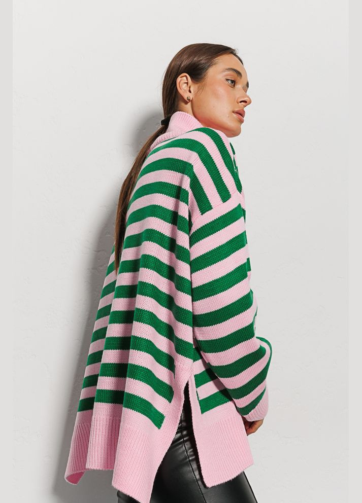Розовый вязаный женский свитер oversize розовый в зеленую полоску Arjen