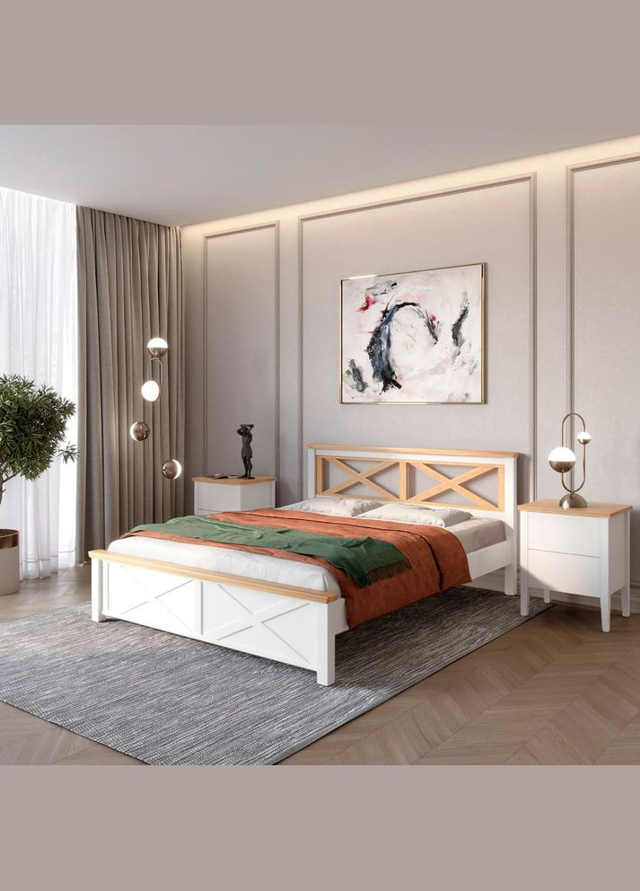 Двуспальная деревянная кровать Прованс Н Белый (RAL9003)/Орех светлый 140х200 см (MBG-3103) Mebigrand (368279987)