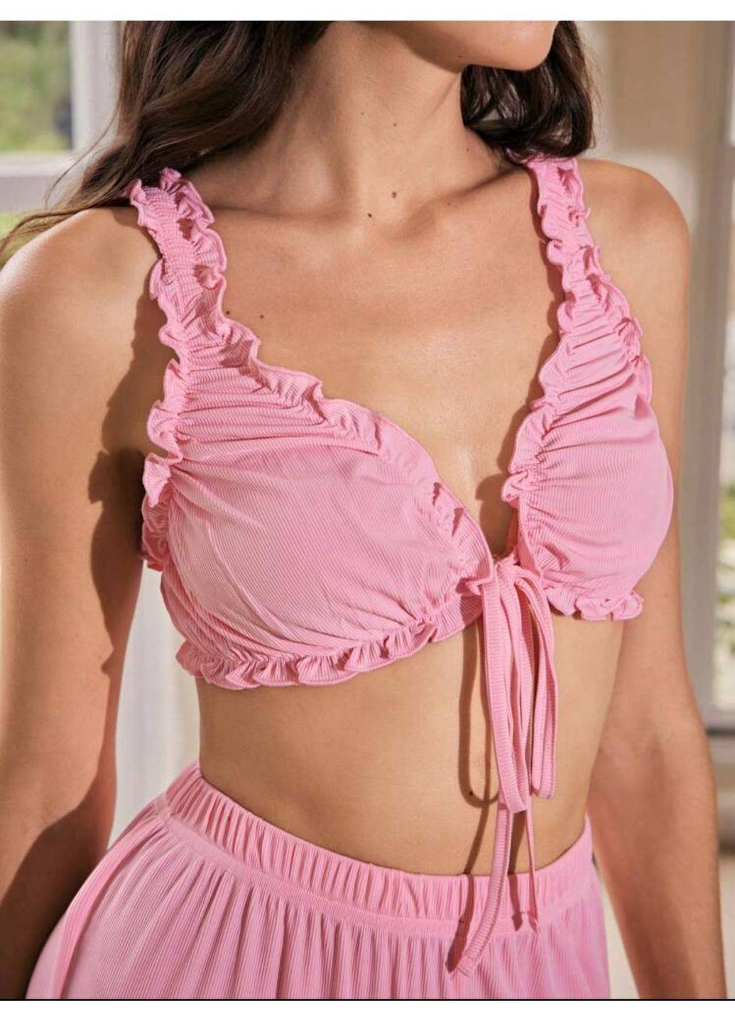 Рожева всесезон вишукана піжама декорована рюшами топ + брюки Adelante