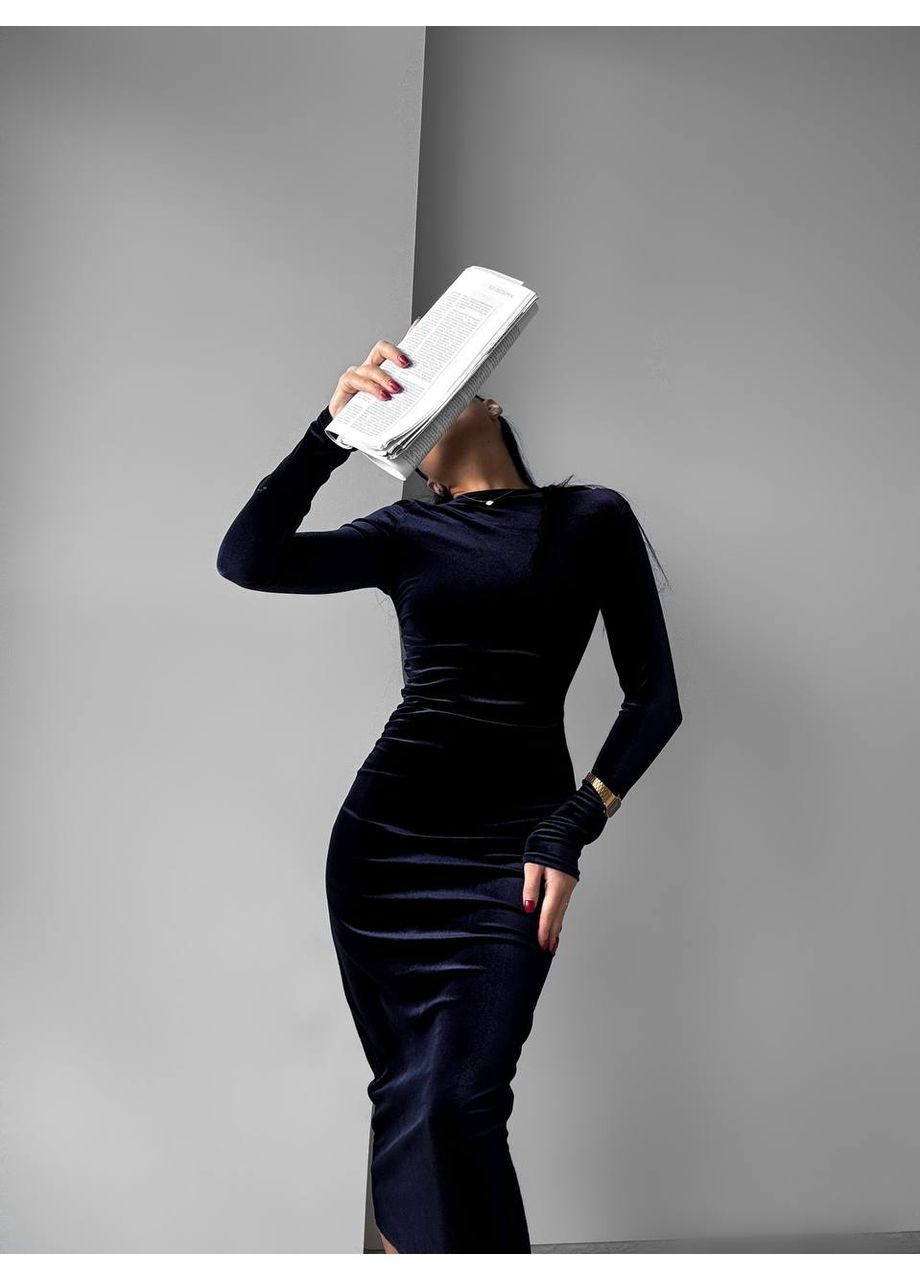 Синее женское платье из королевского бархата No Brand