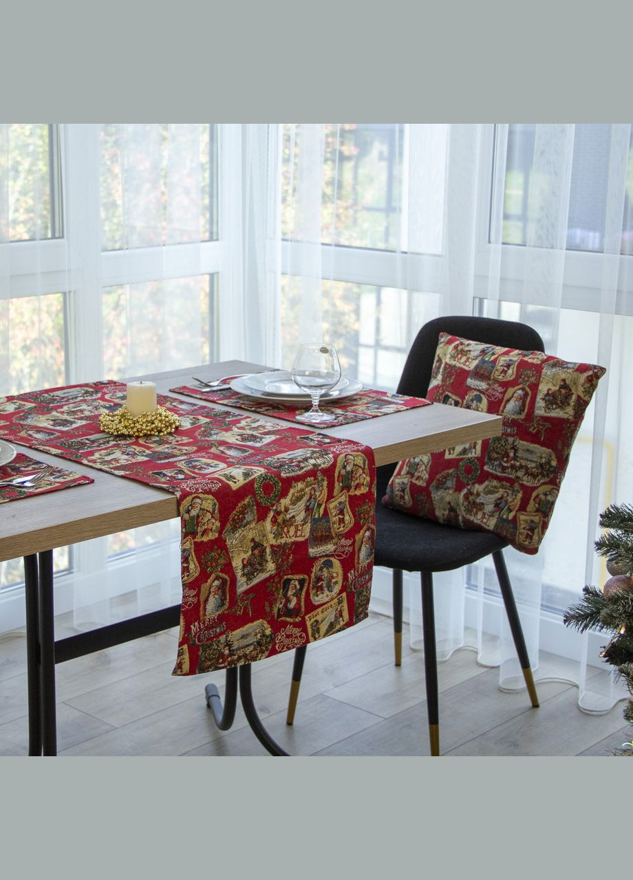 Новогодняя красная гобеленовая дорожка на стол, скатерть дорожка новогодняя декоративная с золототым люрексом 37х100 Maystat (305390569)