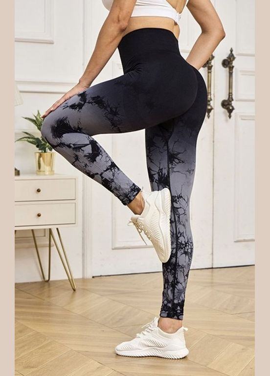 Комбинированные демисезонные леггинсы женские спортивные с пуш-ап tie dye gradient 18674 l черные с серым Fashion