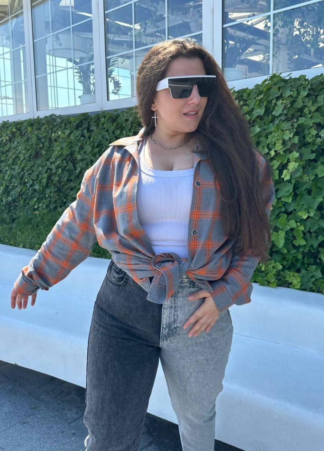 Оранжевая повседневный рубашка в клетку Україна с длинным рукавом