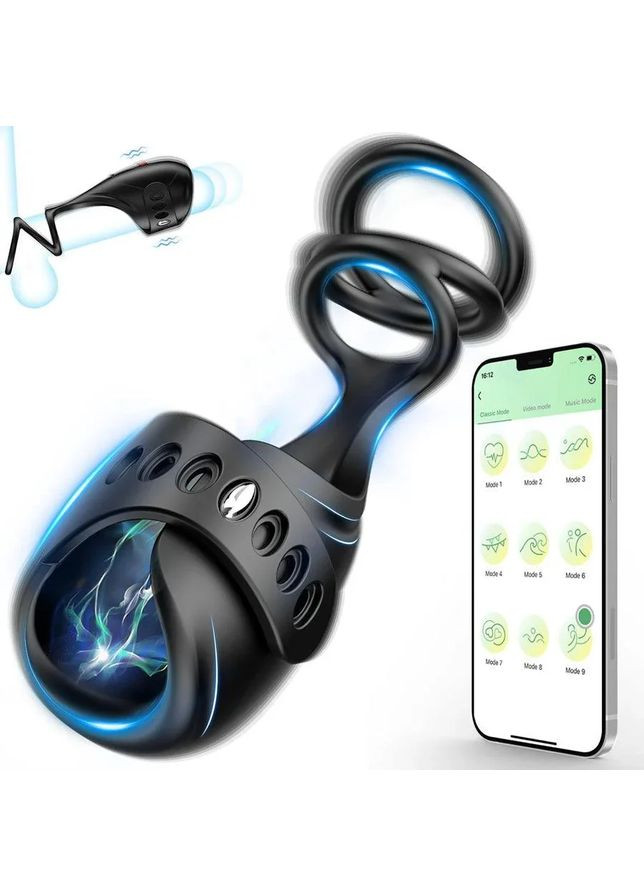 Вибрирующая Smart насадка на член с эрекционными кольцами 9 режимов вибрации Черная No Brand (371929958)