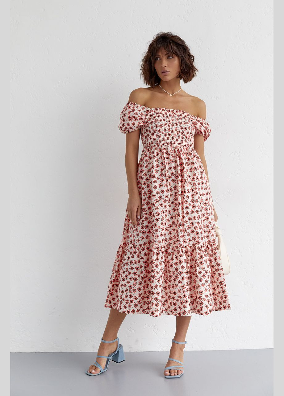 Терракотовое повседневный платье в мелкие цветы с открытыми плечами 35525 Lurex с цветочным принтом