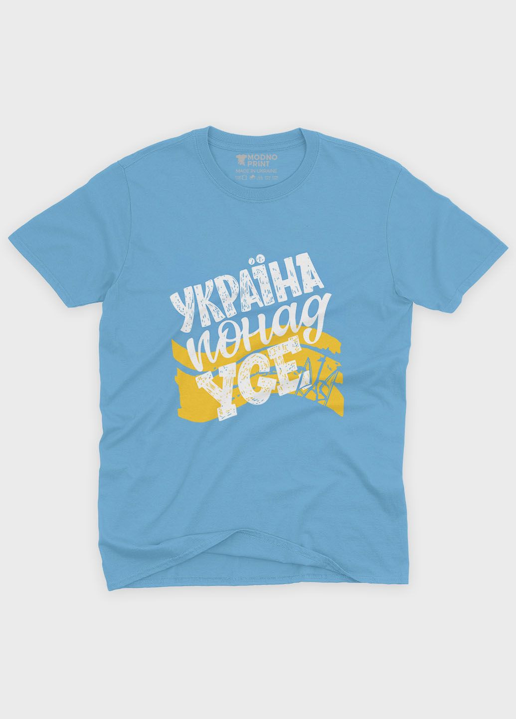 Блакитна літня жіноча футболка з патріотичним принтом україна понад усе (ts001-5-lbl-005-1-115-f) Modno