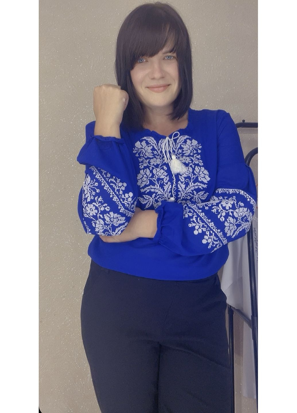 Синя жіноча вишиванка НоКо вільна шифон (349507968)