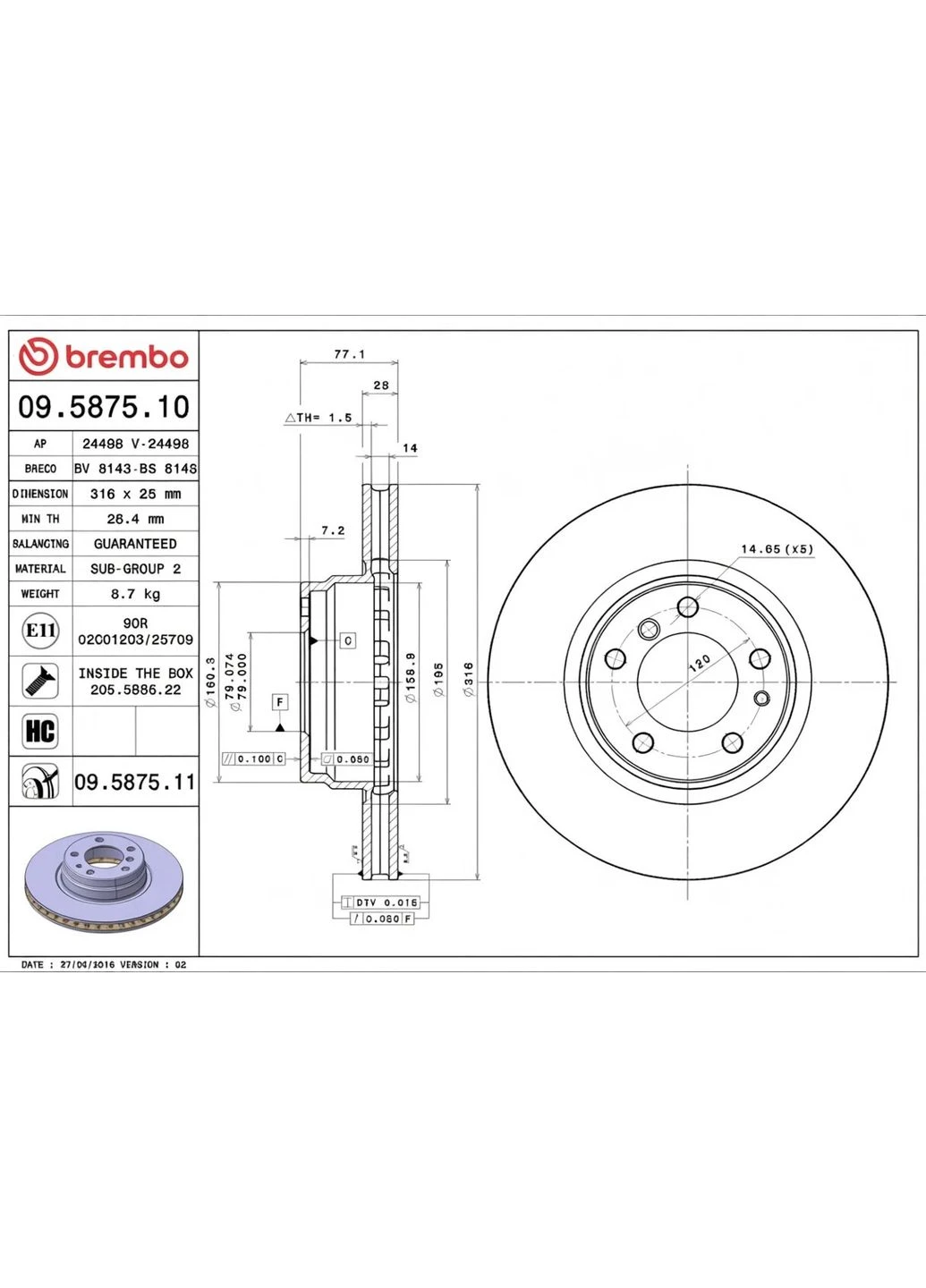 Диск тормозной передний BMW 7 III (E38) 10/94-11/01 09.5875.11 Brembo (366180580)