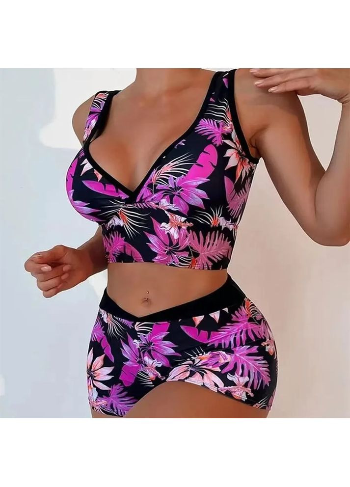 Розовый летний раздельный купальник из качественного быстросохнущего эластана с ярким принтом. раздельный купальник топом и шортиками China