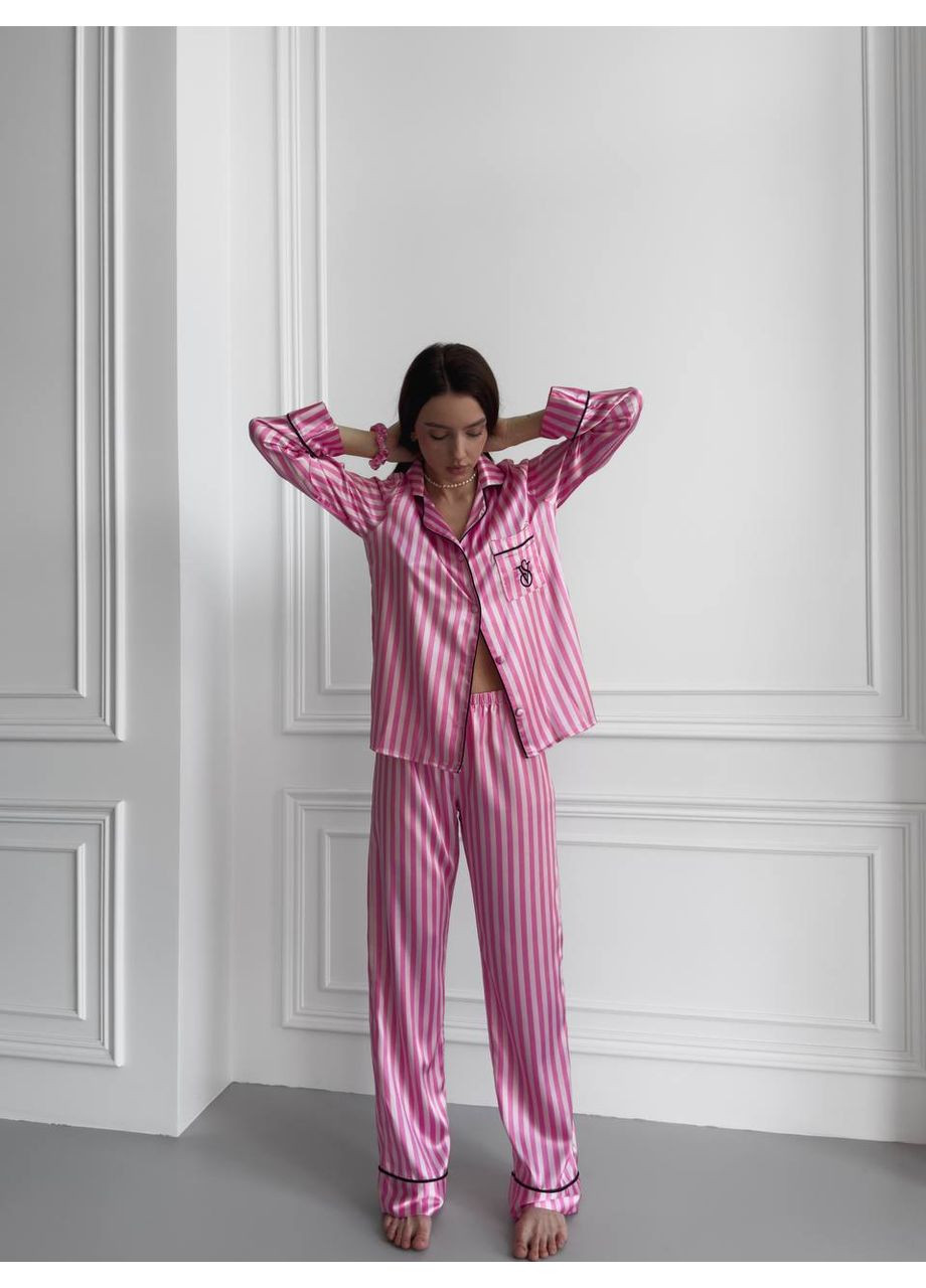 Рожева всесезон жіноча сатинова піжама з лого vs сорочка + брюки Vakko