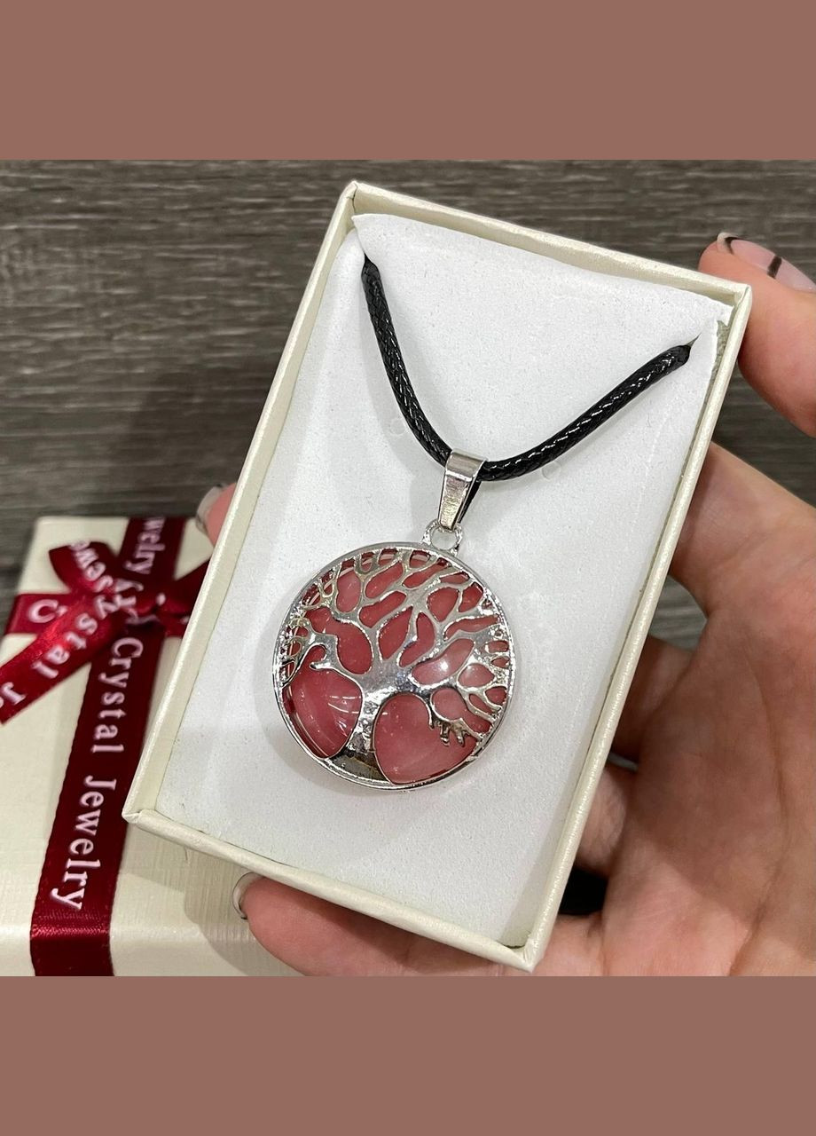 Кулон із натуральним каменем Рожевий кварц в оправі «Дерево життя» на шнурку в подарунковій коробочці Овен (331291861)