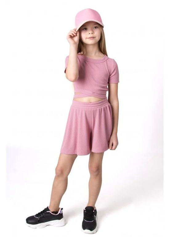 Розовый летний костюм топ и шорты в рубчик Mevis