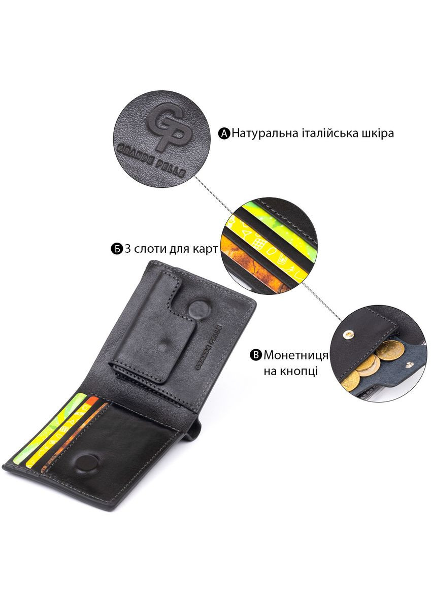 Портмоне вертикальне з круглим магнітом на два відділення 11306 Чорне Grande Pelle (329147013)