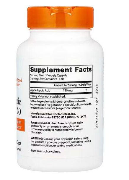 Альфа-ліпоєва кислота,, 150 мг, 120 капсул Doctor's Best (365986994)