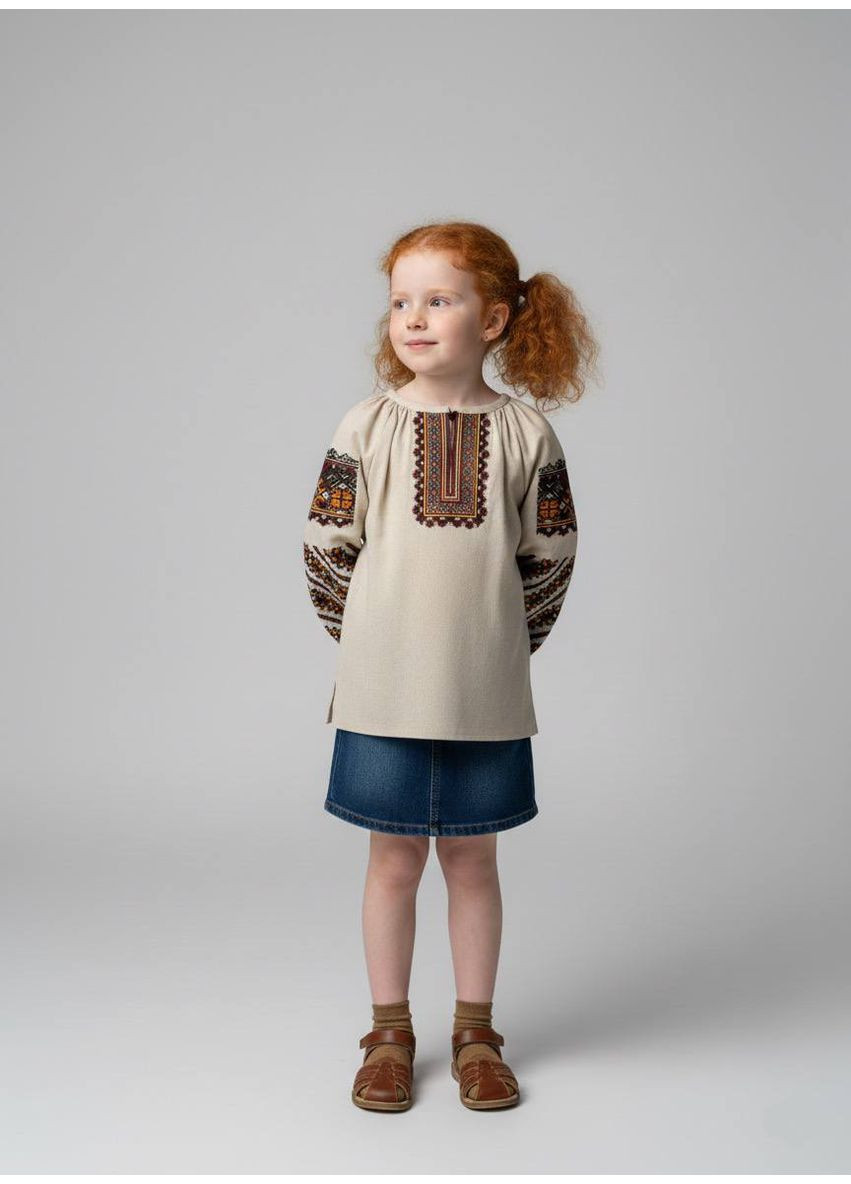 Бежева вишиванка для дівчинки "бабусина" лляна з машинною вишивкою хрестиком Piccolo візерунок геометричний льон (370832481)