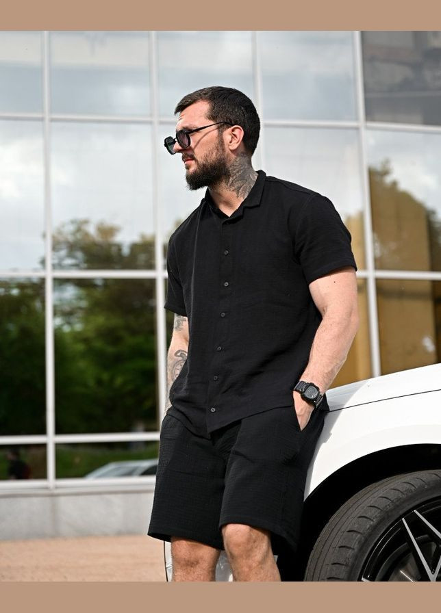 Черный летний стильный мужской костюм рубашка+шорты черный Freedom