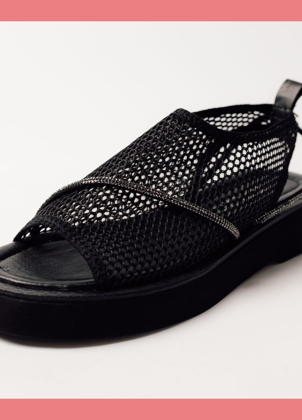 Черные босоножки с сеткой на платформе черные кожа текстиль Krula без застежки со стразами