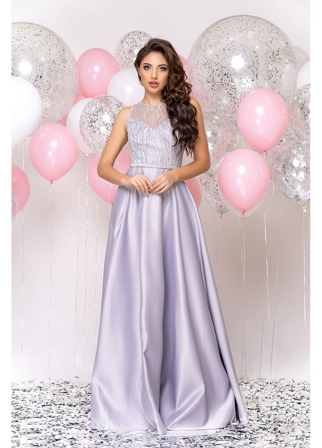 Серое вечернее вечернее платье атлас макси 20024 серо Tanita-Romario