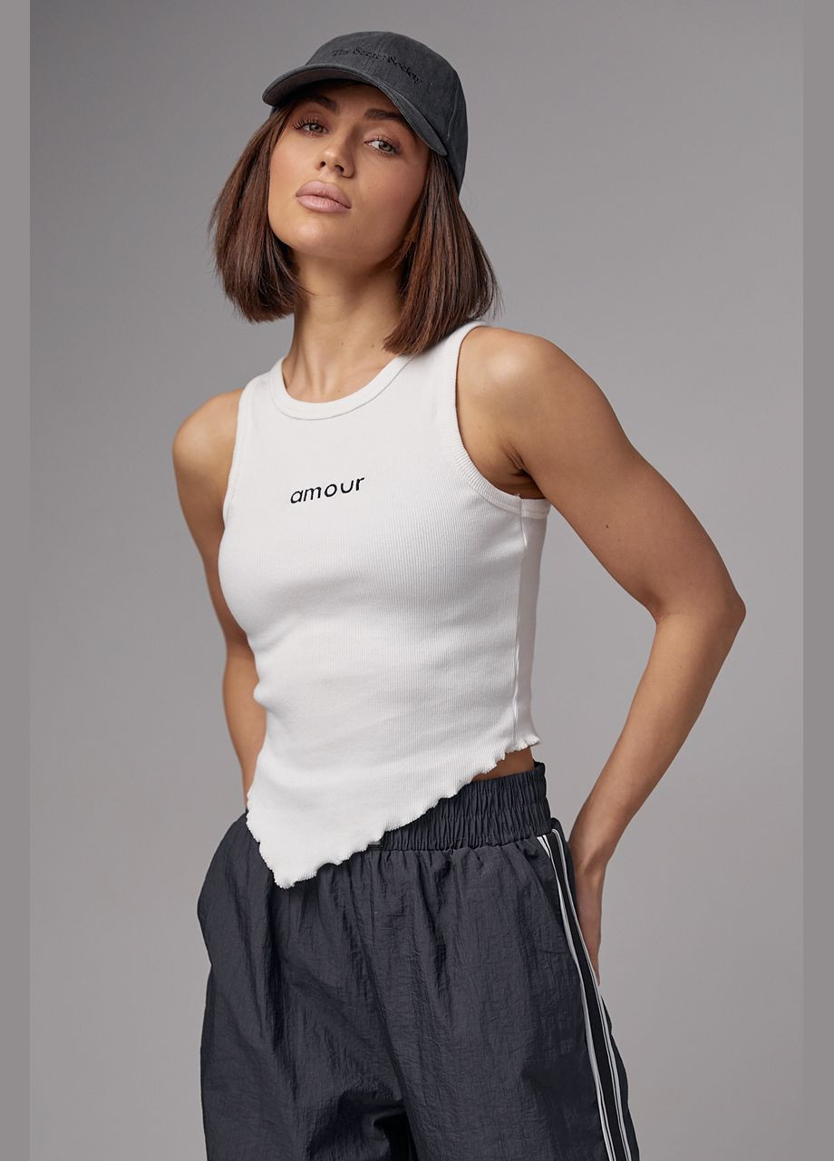 Майка жіноча в рубчик з асиметрією і написом Amour Lurex — 284116519